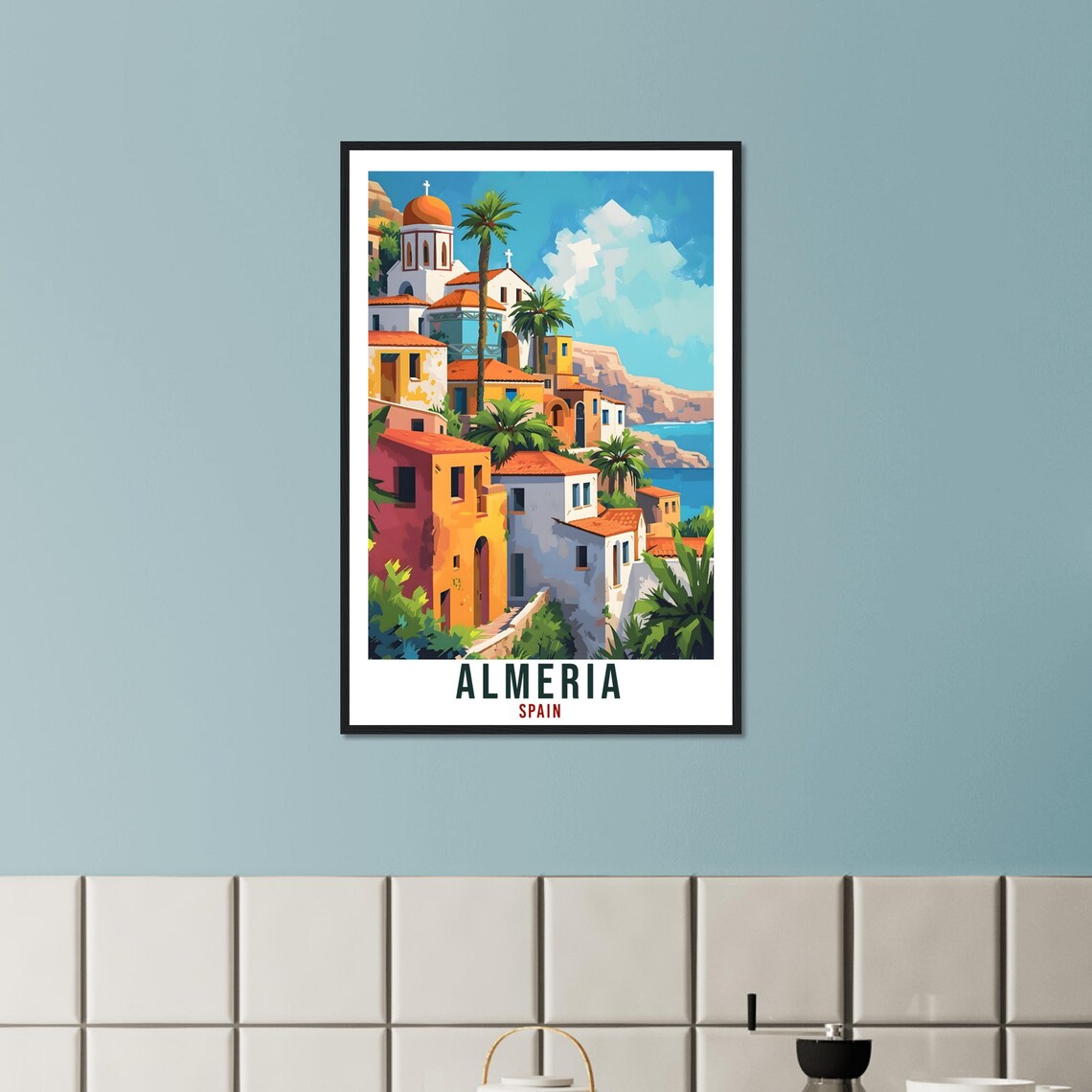Almeria Spain Sunlit Church Tower Among Palms Coastal Travel Poster - Image 3