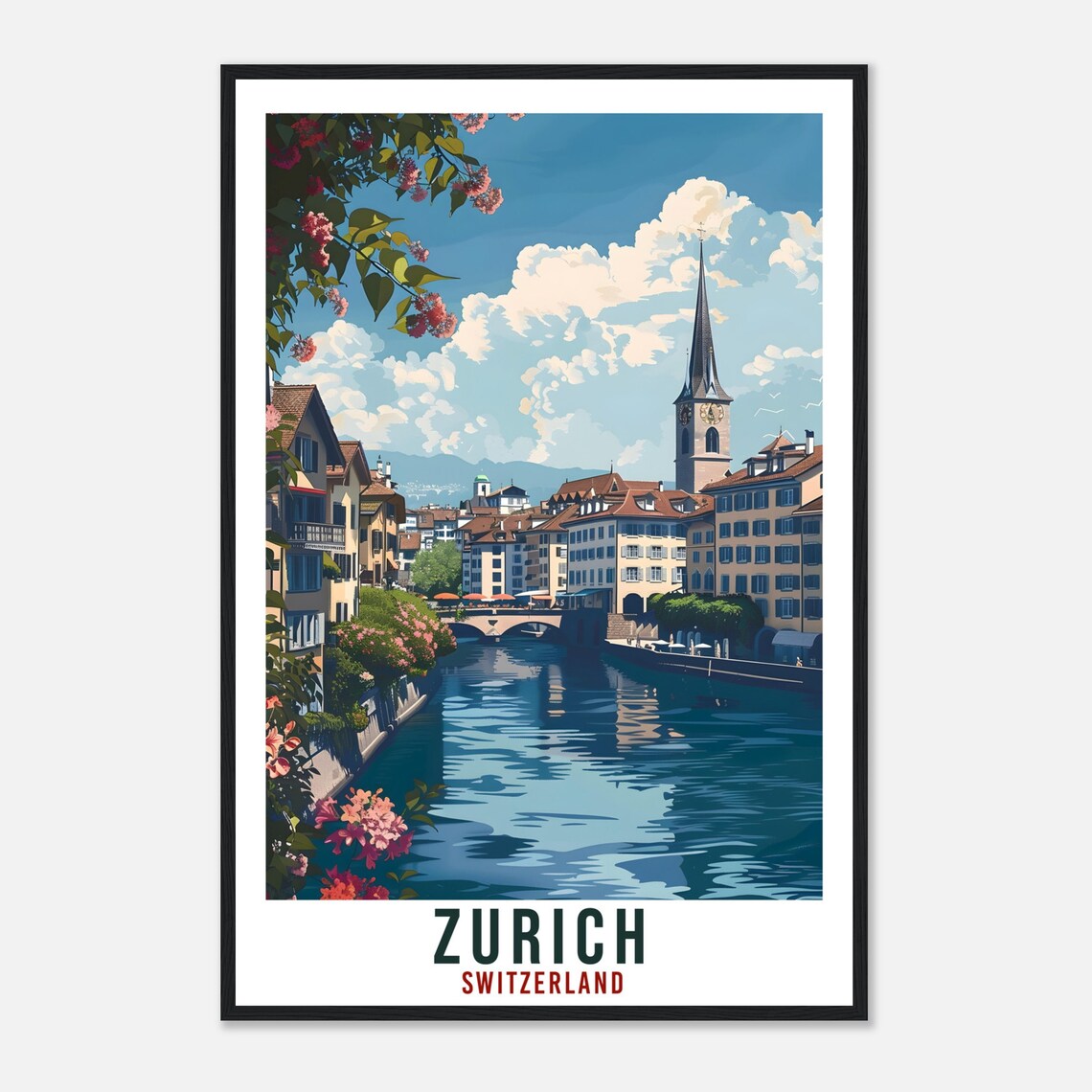 Zurich Switzerland Travel Poster Riverside Old Town Church Spire View - Image 4