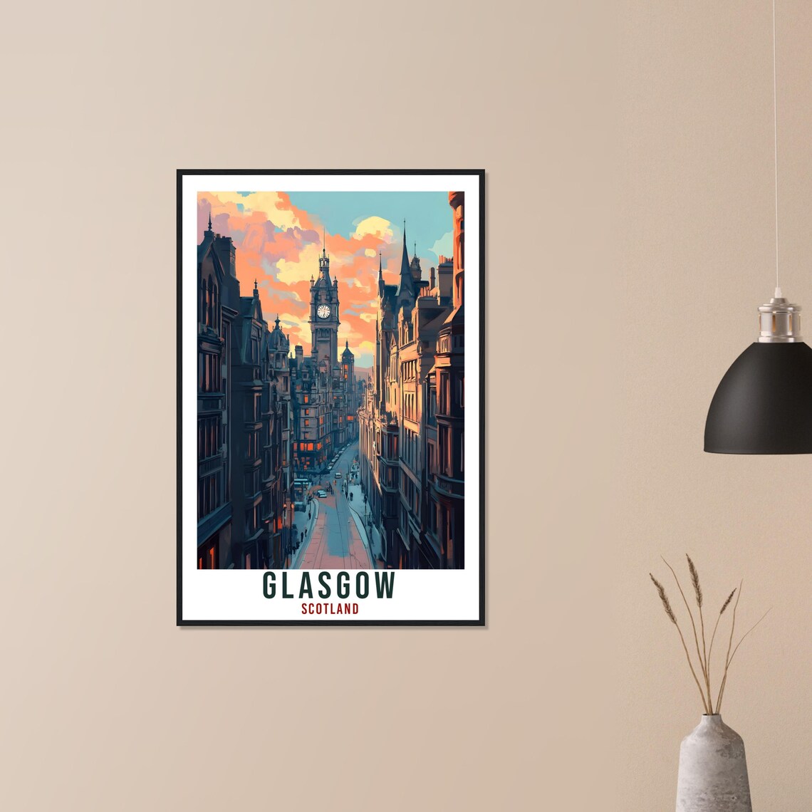 Glasgow Scotland Vintage Sunset Street Travel Classic Poster - Image 3