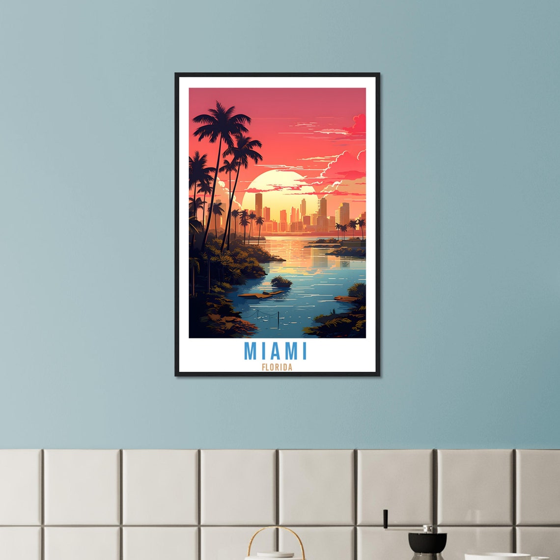 Miami Florida Skyline Sunset Palms Big Sun Waterfront Travel Poster - Image 3