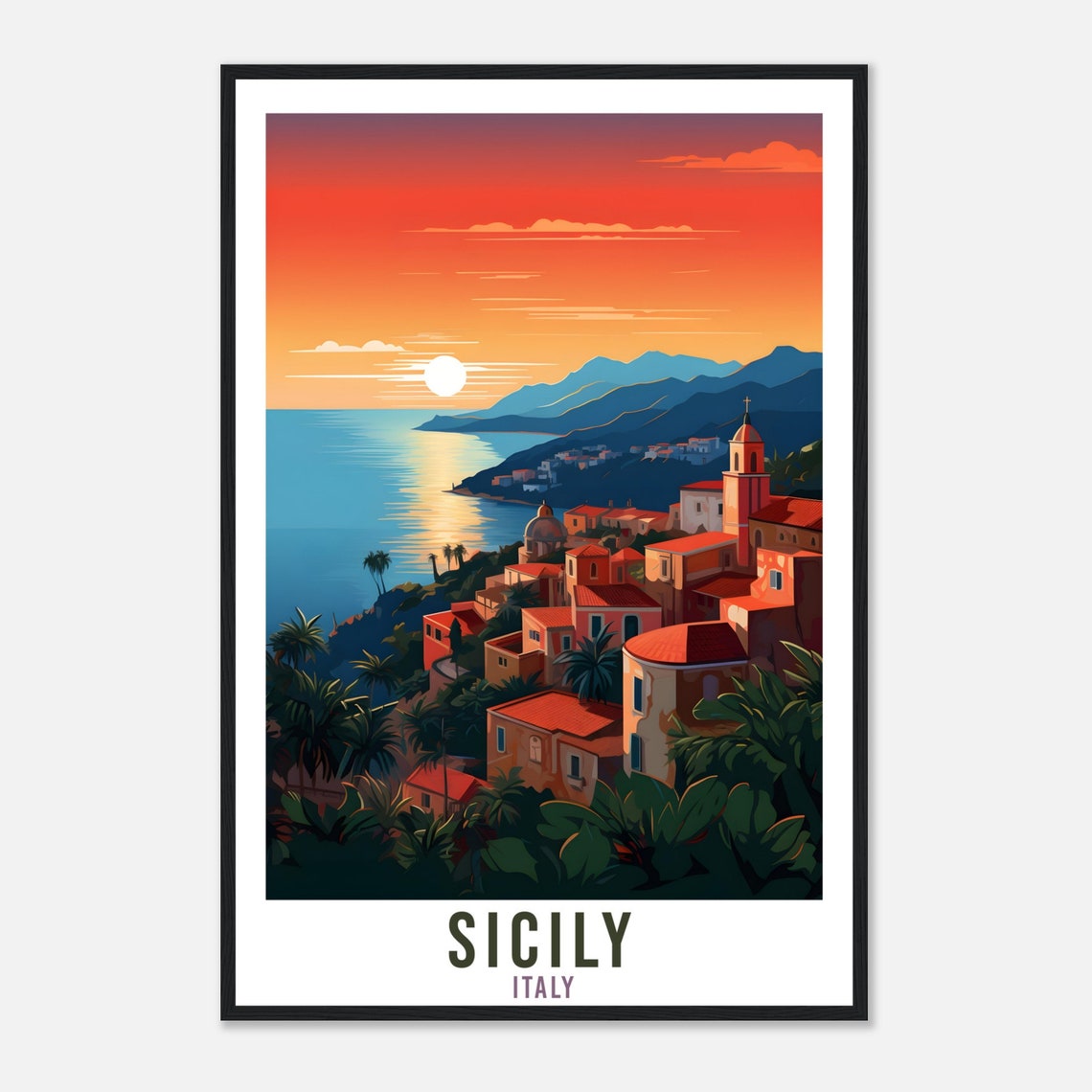 Sicily Italy Sunset Coast Travel Poster Mediterranean Village View - Image 4