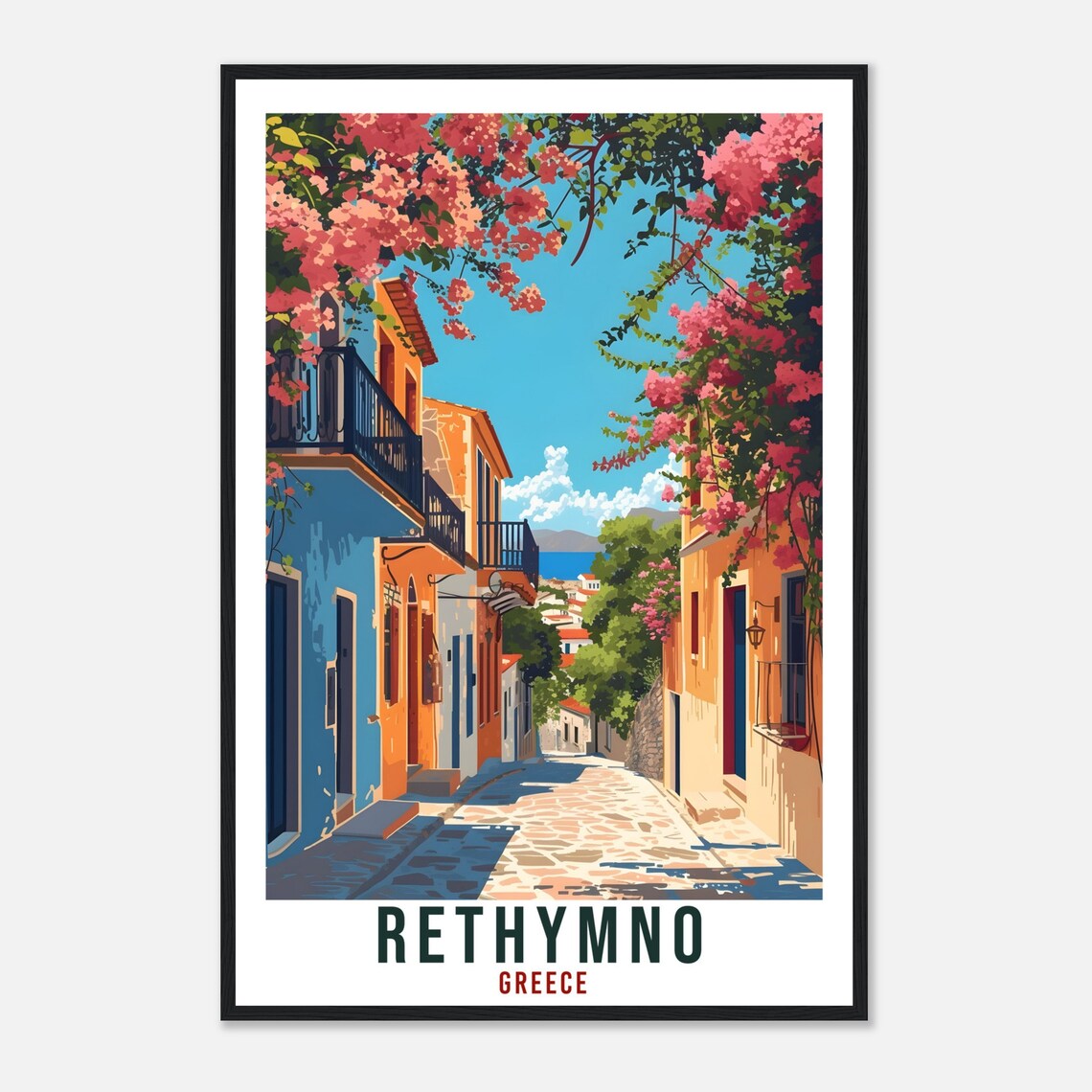 Rethymno Greece Bougainvillea Retro Old Town Lane Travel Poster - Image 4