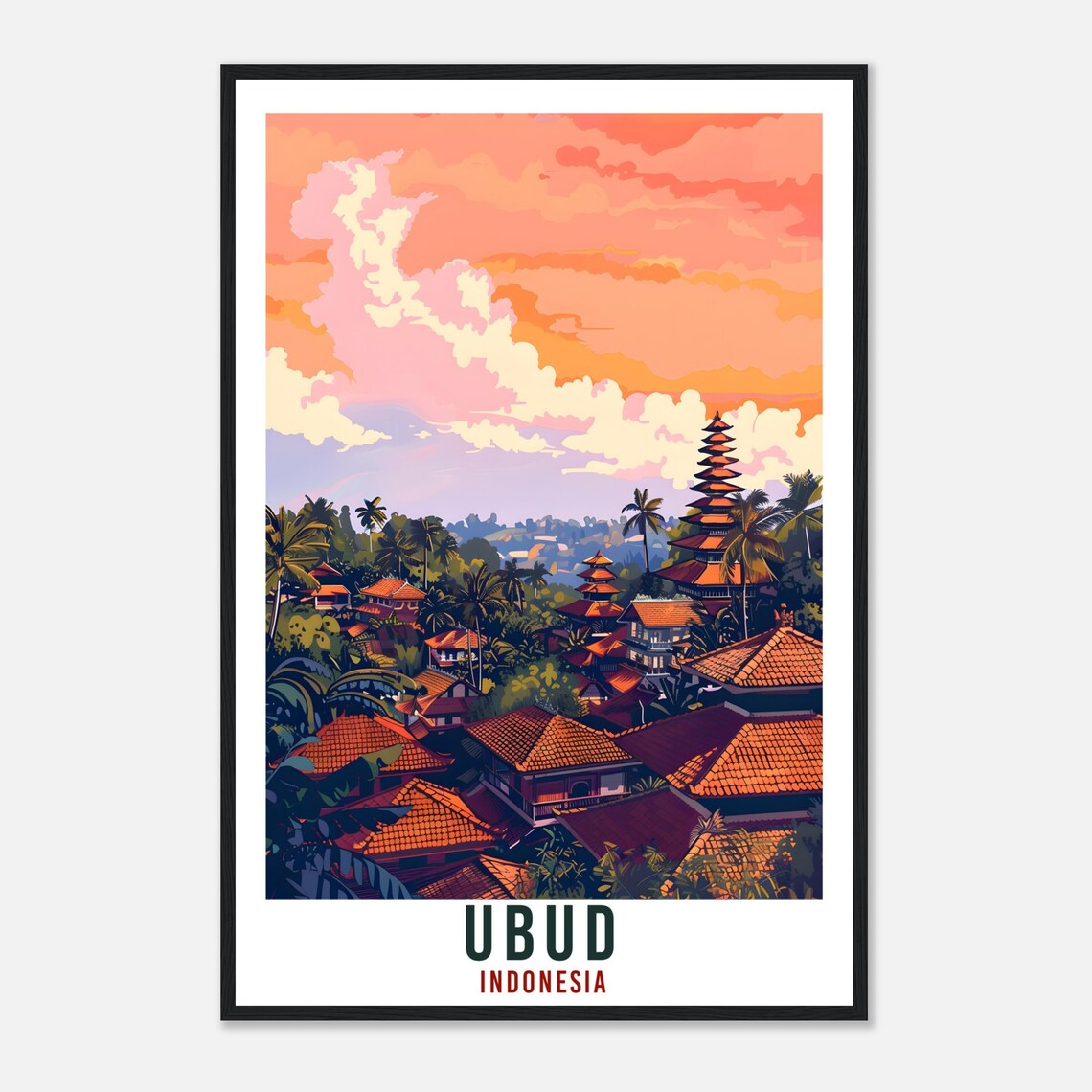 Ubud Indonesia Orange Sunset Temple Rooftops Vintage Travel Poster - Image 4
