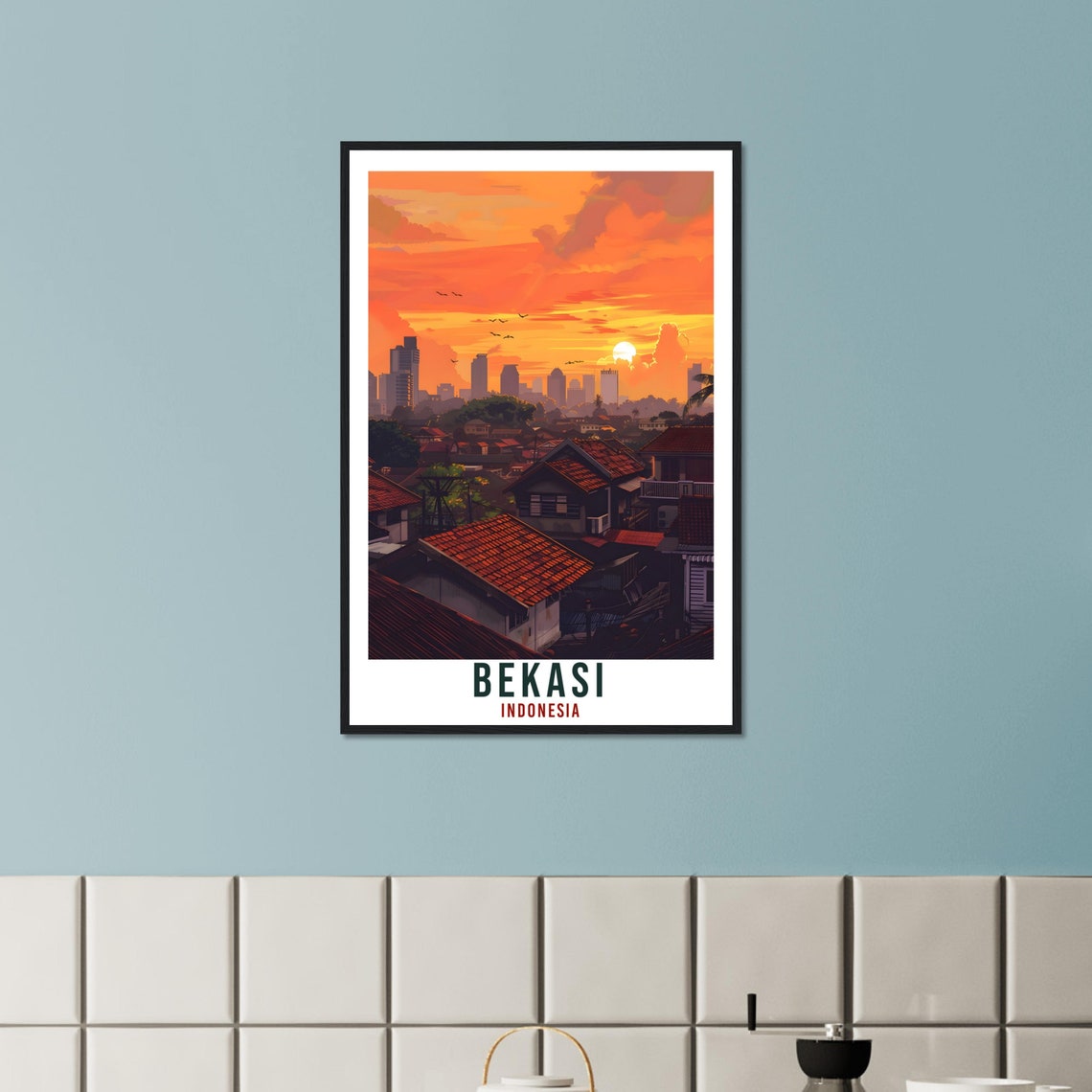 Bekasi Indonesia City Rooftops Orange Sunset Illustrated Art Poster - Image 2