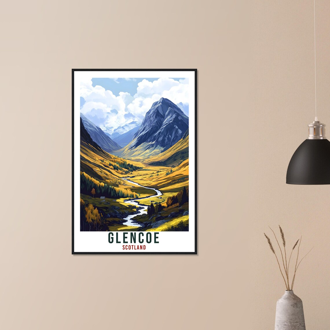 Glencoe Scotland Mountain Valley River Golden Vintage Travel Poster - Image 3
