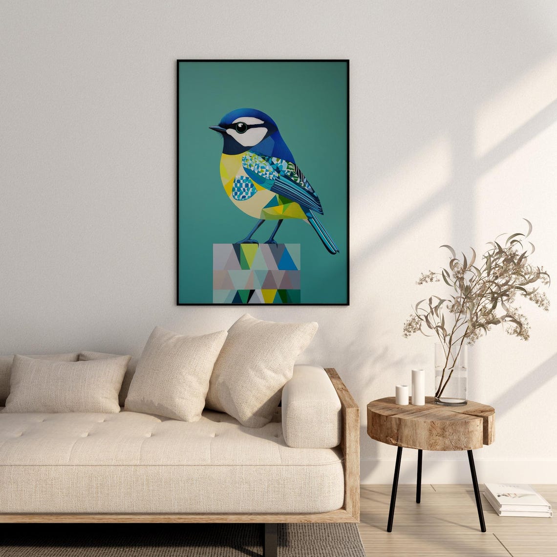 Blue Tit Bird Geometric Illustration Teal Modern Songbird Art Poster - Image 3