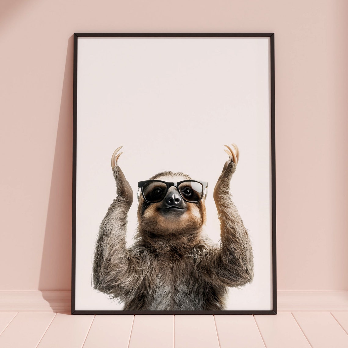 Cheerful Sloth In Sunglasses Arms Raised Funny White Photo Poster - Image 3