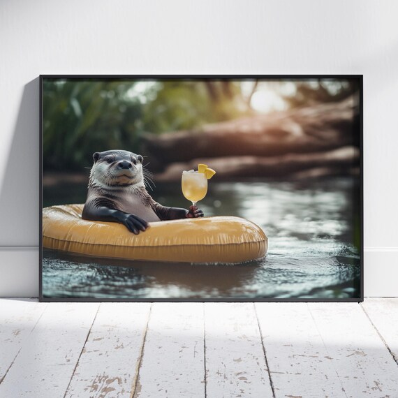 Relaxing Otter Floating Pool Drink Summer Funny Animal Poster
