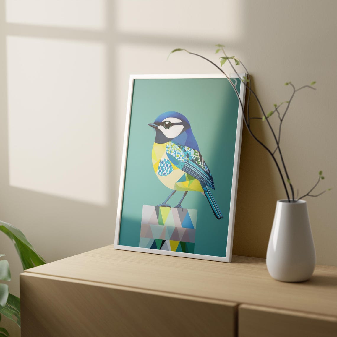 Blue Tit Bird Geometric Illustration Teal Modern Songbird Art Poster - Image 2