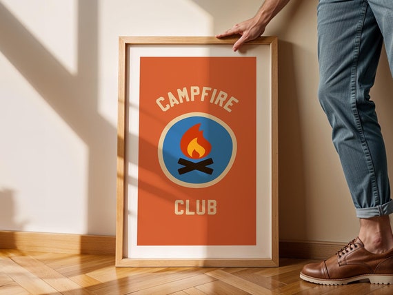 Retro Campfire Club Print Camping Gift For Friend Nature Art Hiking Poster Cabin Wall Decor Outdoorsy Wall Art Rv Camper Decor Kids