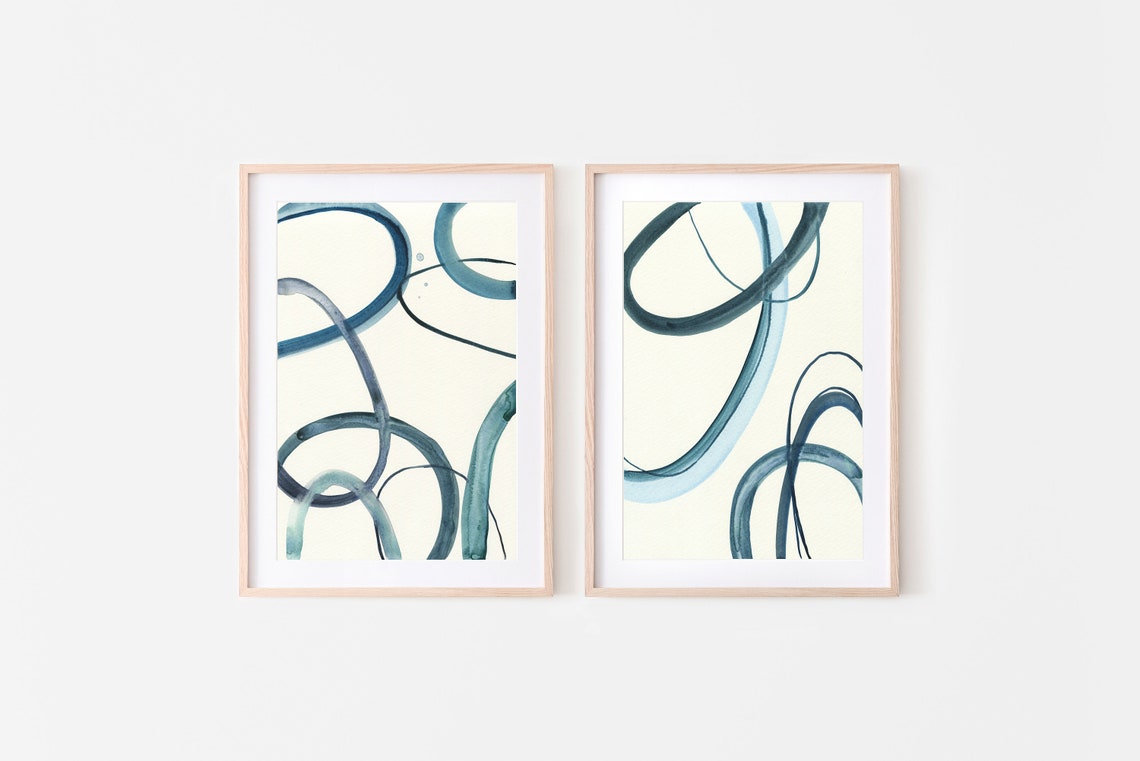 Minimalist Abstract Looping Line Art Ink Blue Curves Modern Wall Art - Image 2