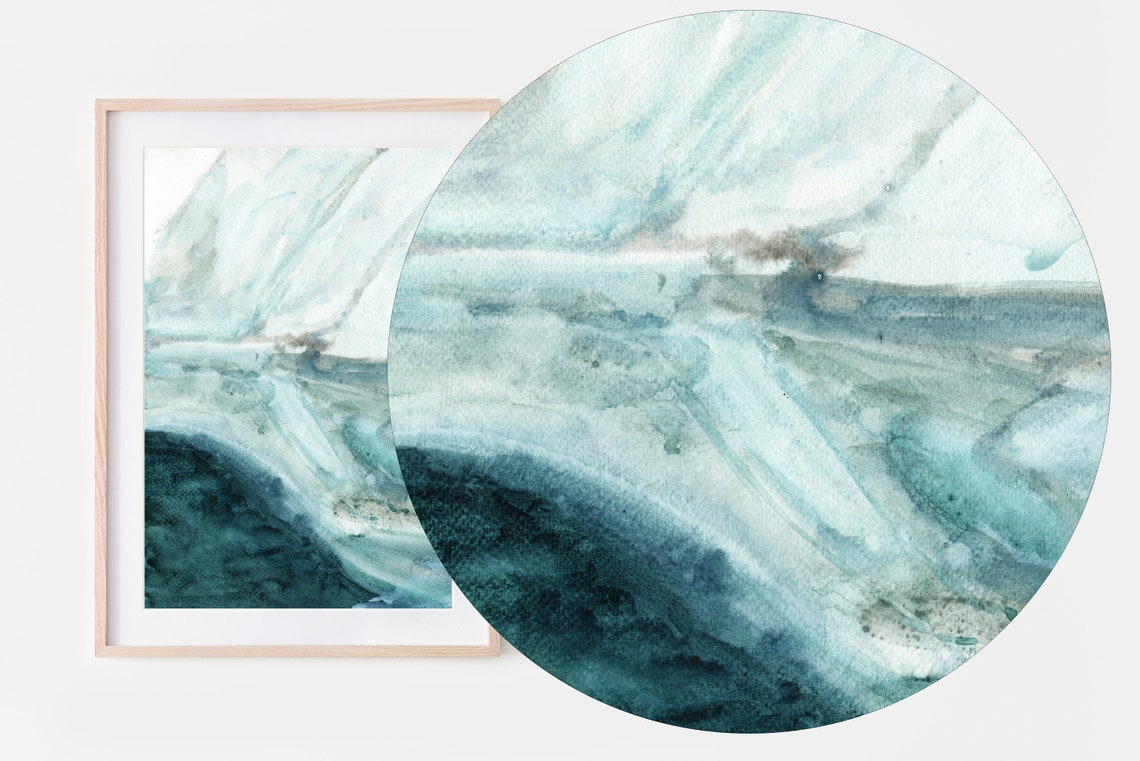 Turquoise White Abstract Watercolor Ocean Wave Style Art Poster - Image 2
