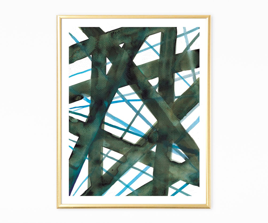 Green Blue Abstract Poster Bold Crossing Lines Modern Geometric Decor - Image 2