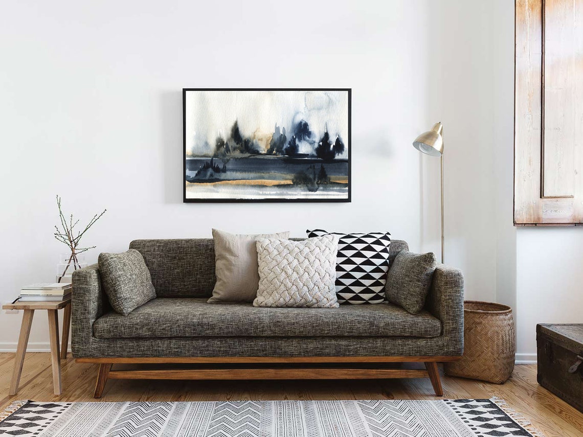 Abstract Watercolor Forest Horizon Navy Gold Misty Tree Line Wall Art - Image 2