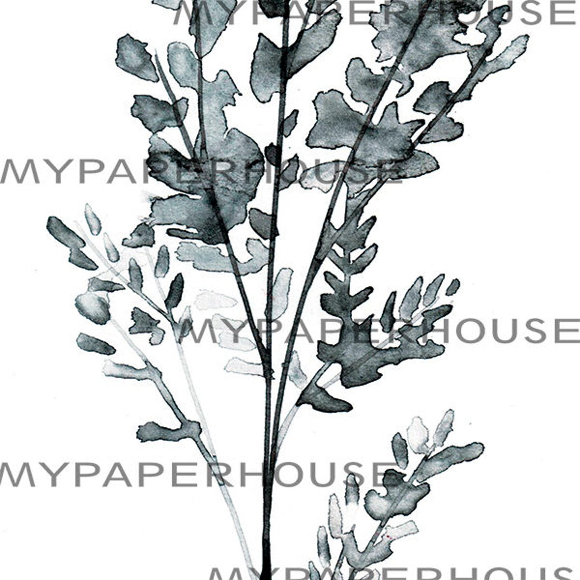 Black White Botanical Fern Watercolor Leaf Stem Branch Art Poster - Image 2