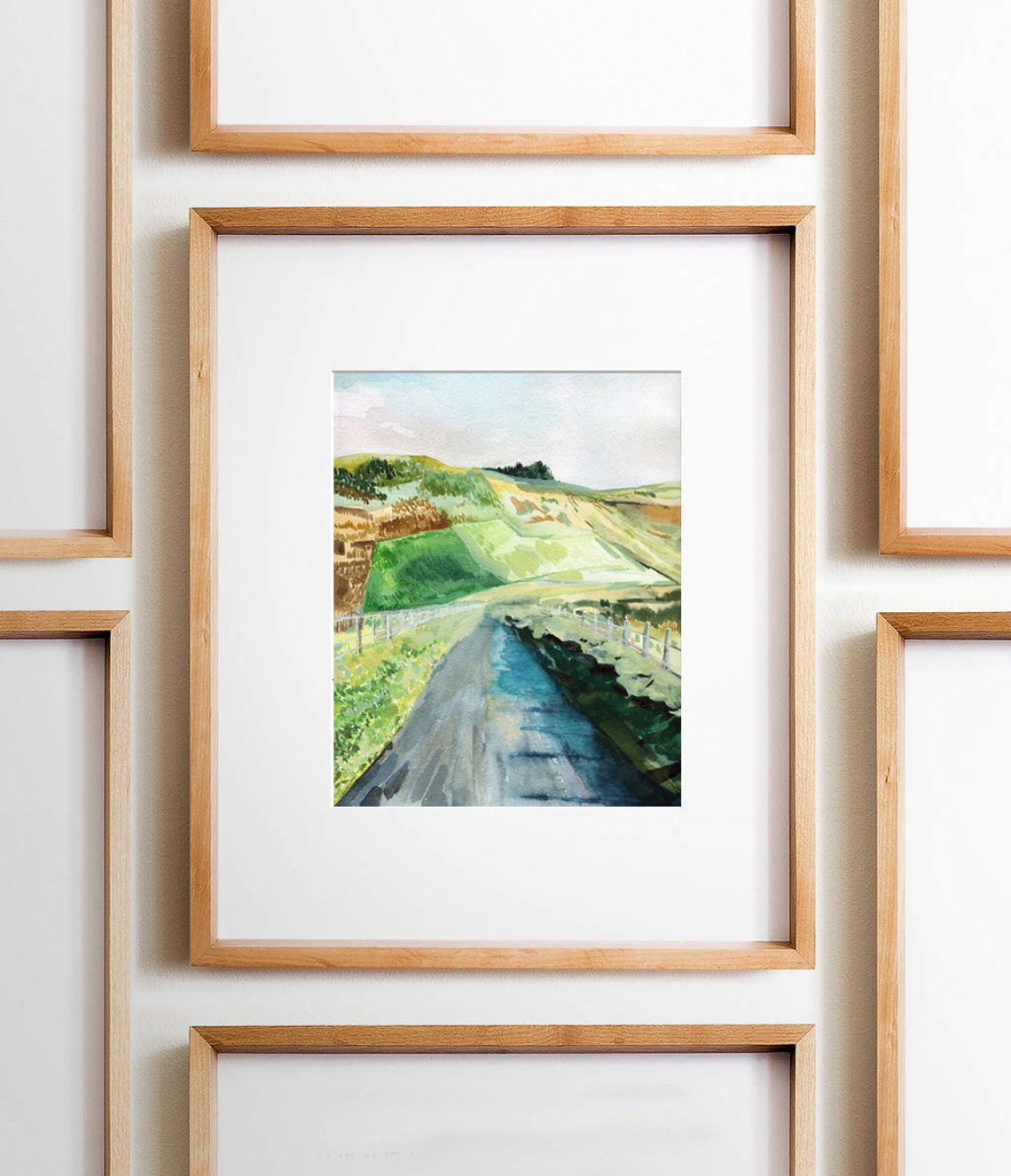 Country Road Watercolor Rolling Green Hills Countryside Poster