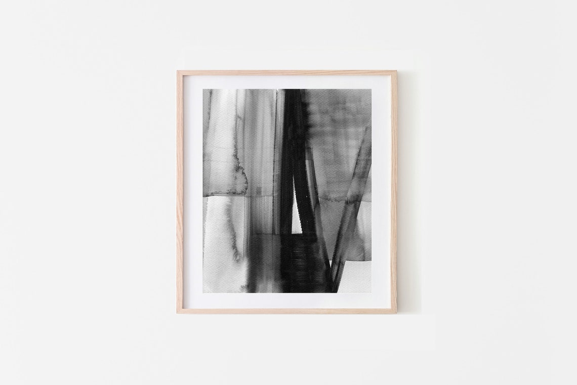 Black White Abstract Ink Wash Art Bold Vertical Brush Strokes Print
