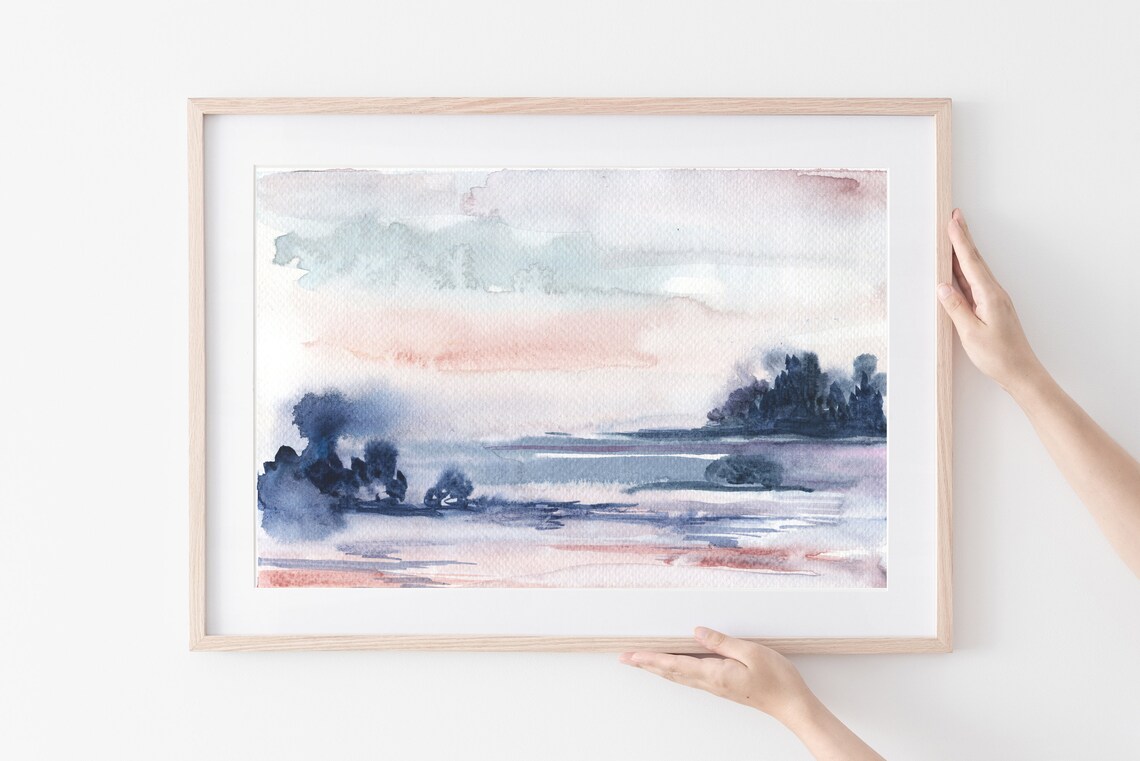 Watercolor Lakeside Landscape Art Blush Pink Misty Blue Trees Wall Art