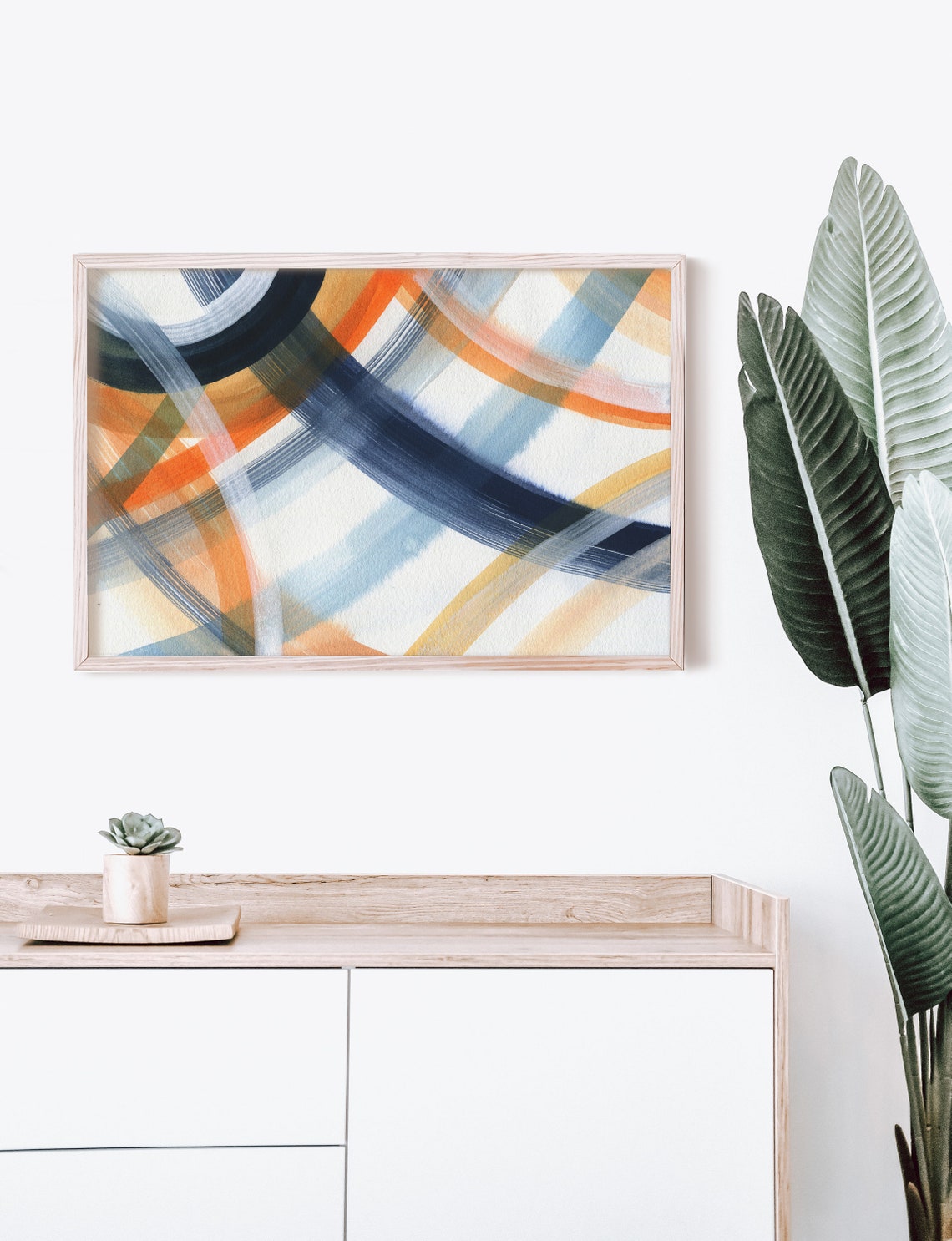 Navy And Orange Abstract Curved Brushstroke Lines Modern Art Print - Image 3