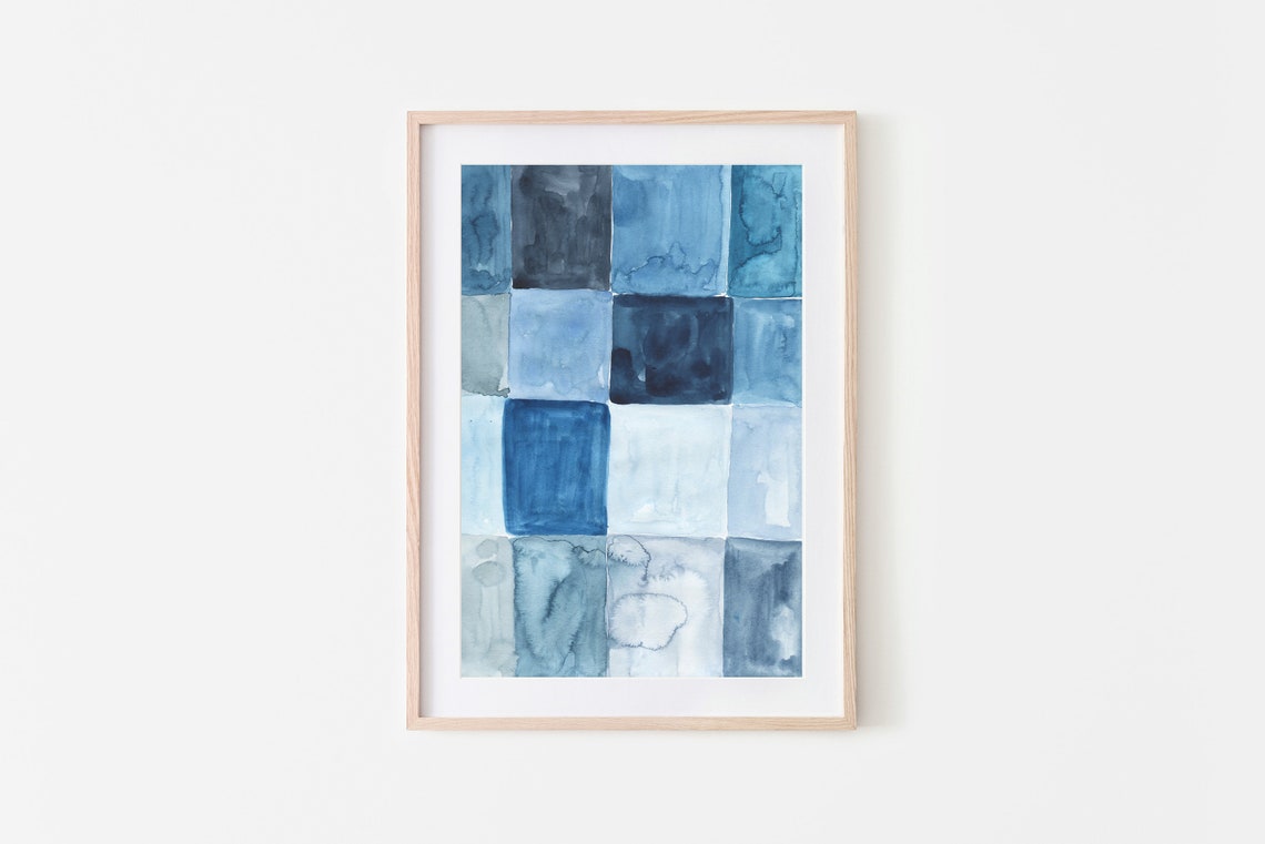 Blue Watercolor Checkerboard Grid Squares Geometric Art Print