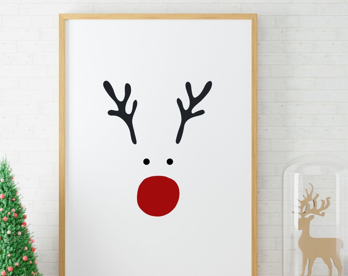 Minimalist Reindeer Face Red Nose Scandinavian Christmas Poster - Image 3