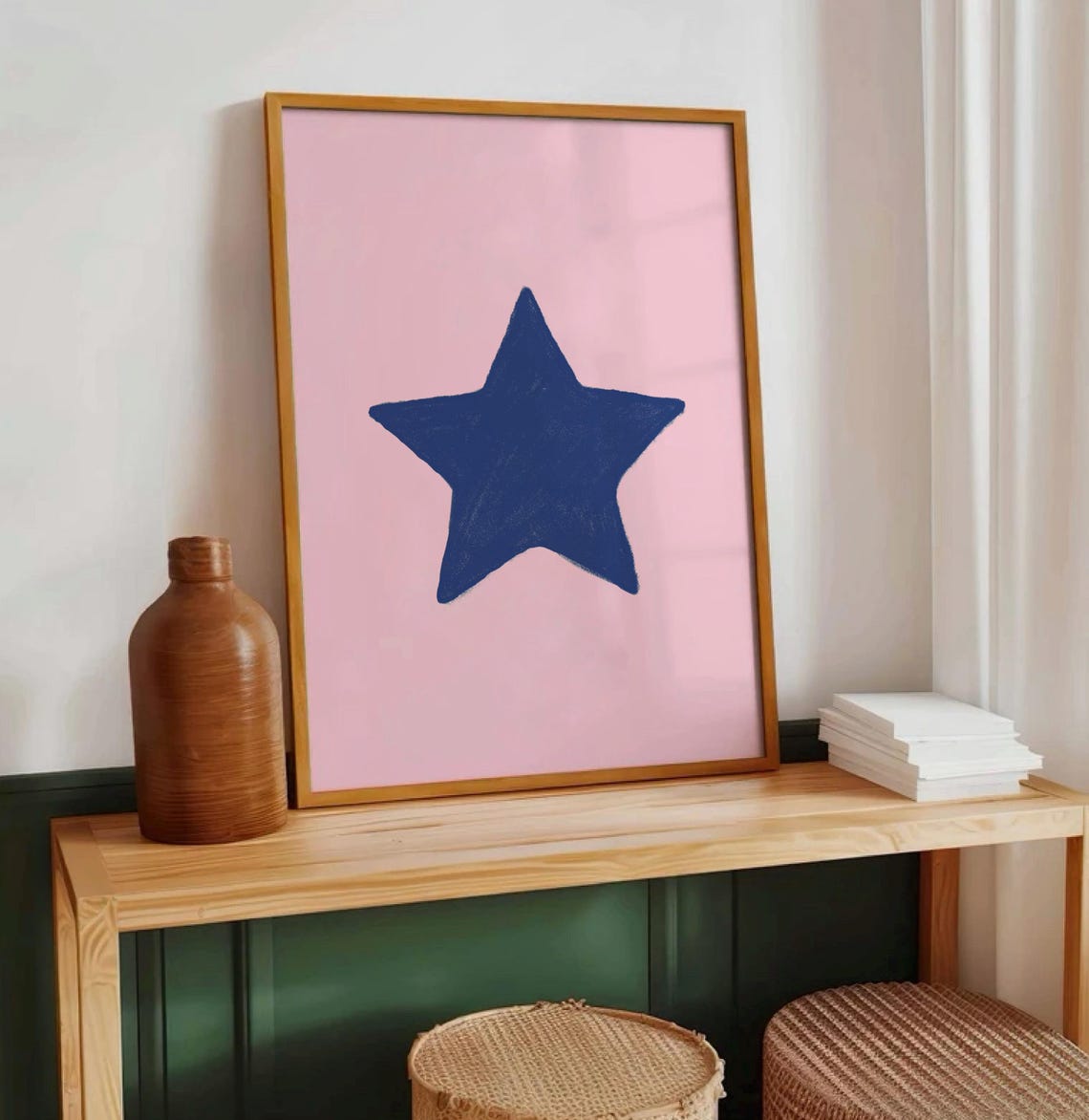 Navy Blue Star on Pink Hand Drawn Trendy Girly Aesthetic Poster - Image 3