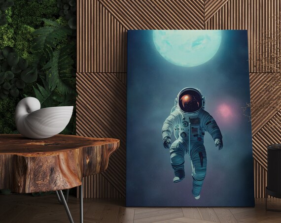 Astronaut Floating In Space Poster Glowing Moon Dark Teal Cosmic Scene