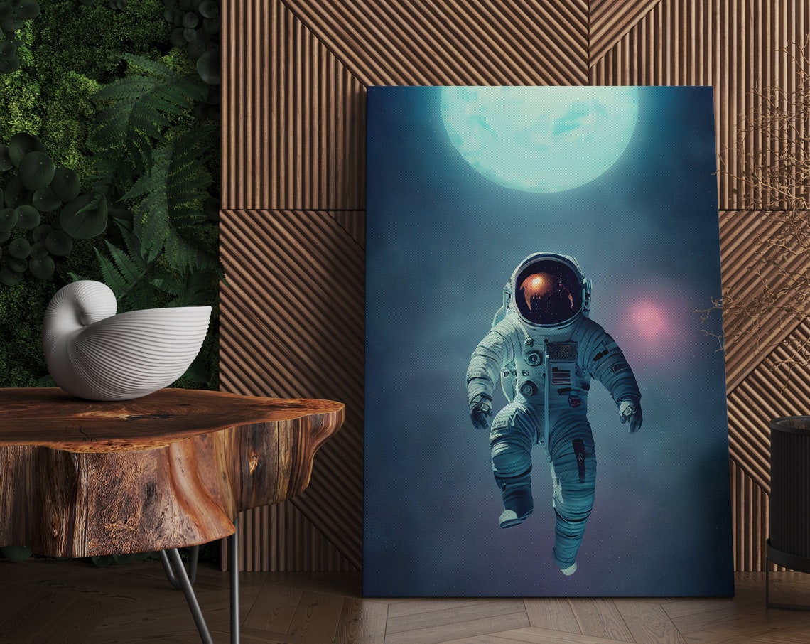 Astronaut Floating In Space Poster Glowing Moon Dark Teal Cosmic Scene