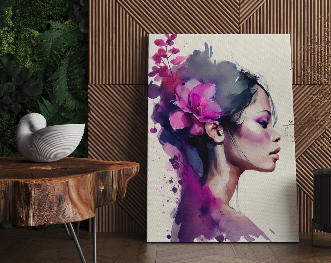 Japanese Watercolor Woman Profile with a Pink Orchid Blossom Poster - Image 3