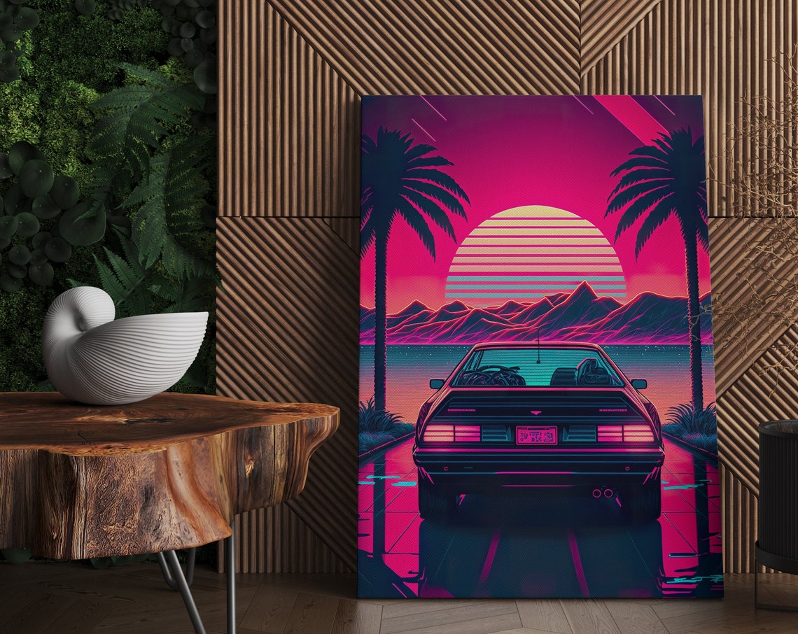 Retro Synthwave Car Driving Toward Neon Striped Sunset Poster