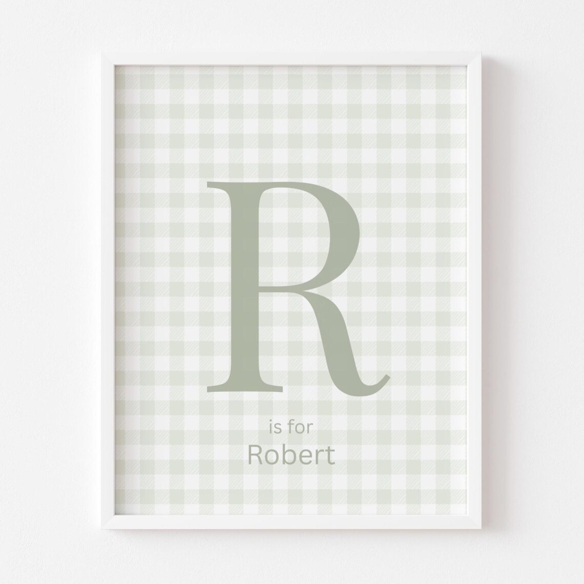 Name Initial Boy Bedroom Decor Sage Green Gingham Nursery Wall Art Custom Baby Personalized