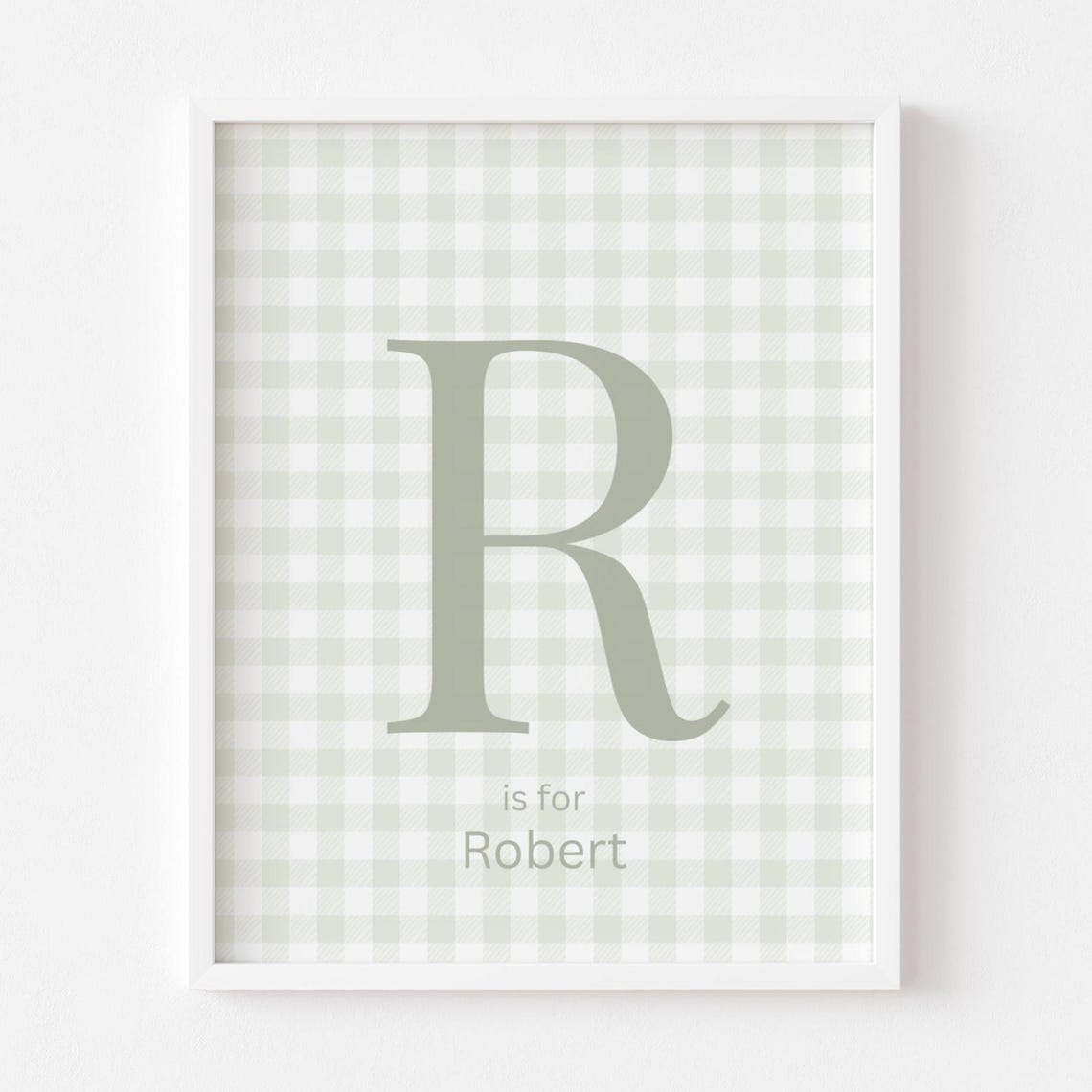 R is for Robert Sage Green Gingham Personalized Nursery Wall Art
