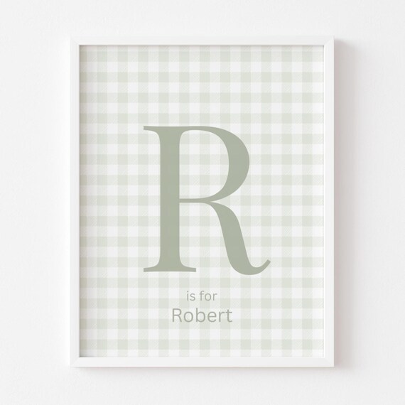 R is for Robert Sage Green Gingham Personalized Nursery Wall Art