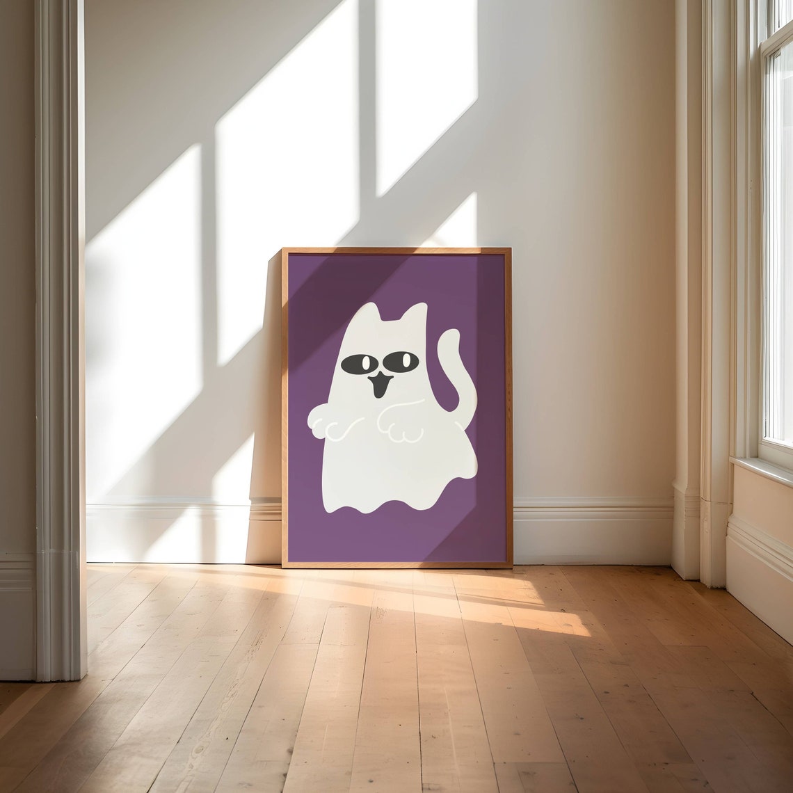 Cute Ghost Cat Halloween Illustration Purple Background Wall Poster