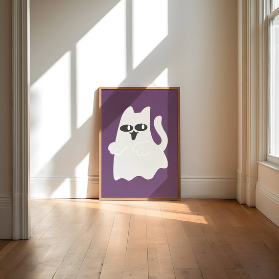 Cute Ghost Cat Halloween Illustration Purple Background Wall Poster