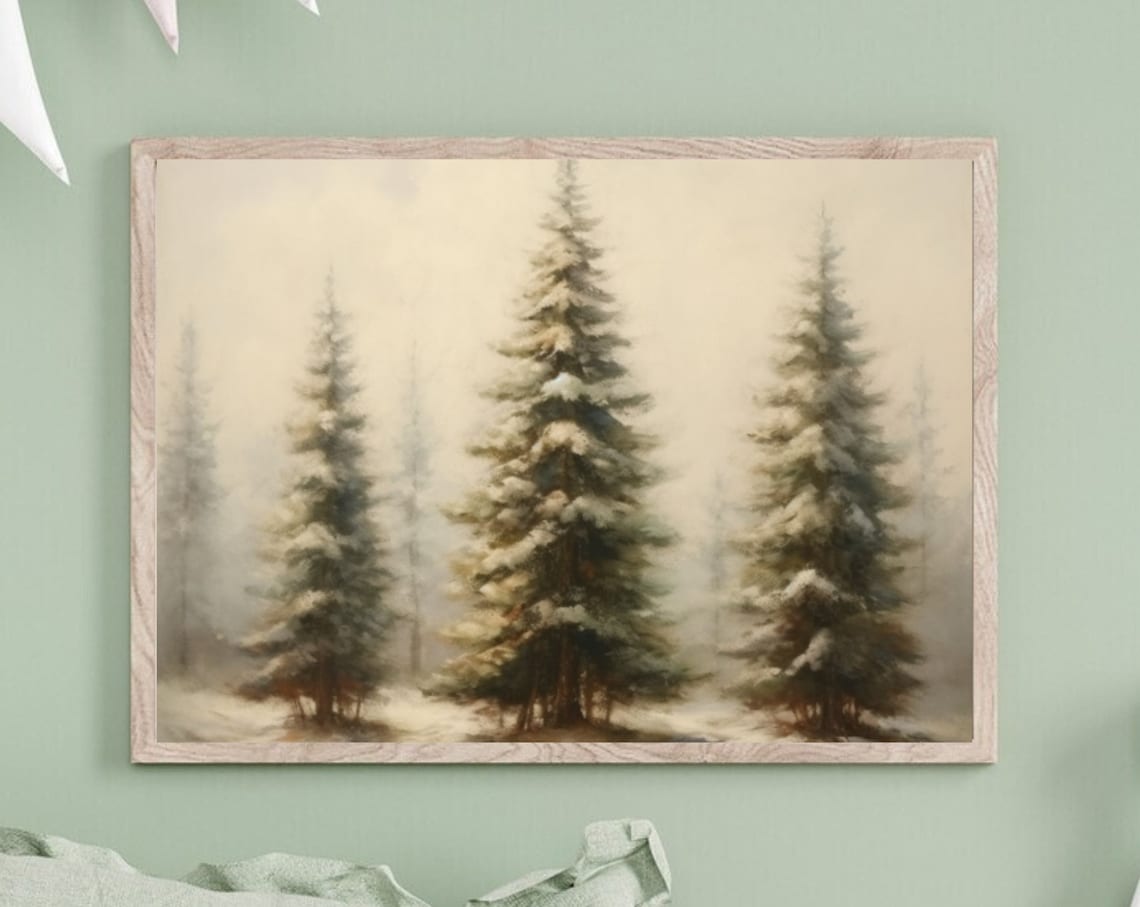 Snow Covered Pines In Winter Forest Misty Landscape Painting Poster