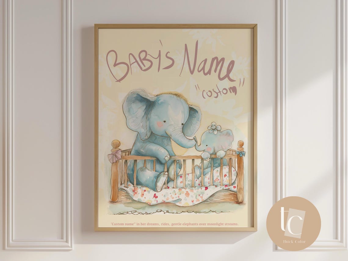 Baby Elephant Custom Name Watercolor Nursery Personalized Wall Art