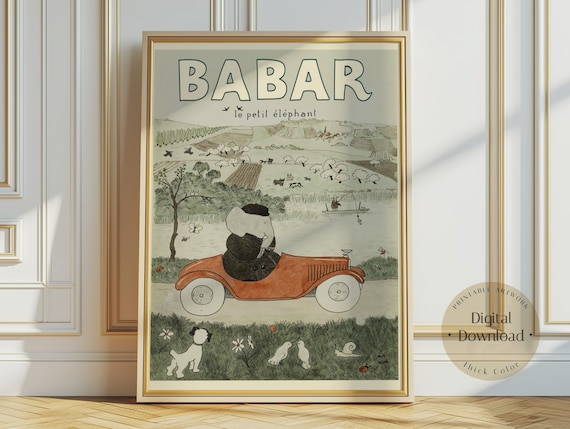 Babar The Elephant Hot Air Balloon Nursery Wall Art Retro Kids Decor Quote Genre Neutral Baby Illustration Print