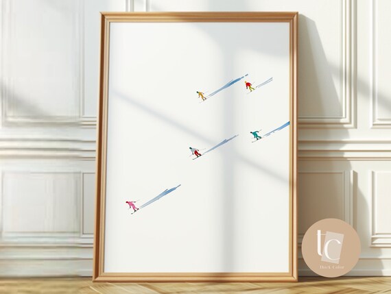 Tiny Watercolor Skiers Carving Down White Slope Winter Ski Poster