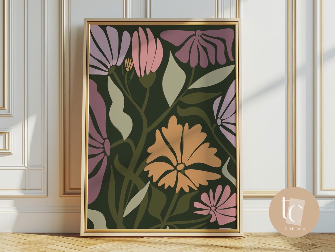 Mauve Orange Botanical Silhouettes on Deep Green Jewel Tone Poster