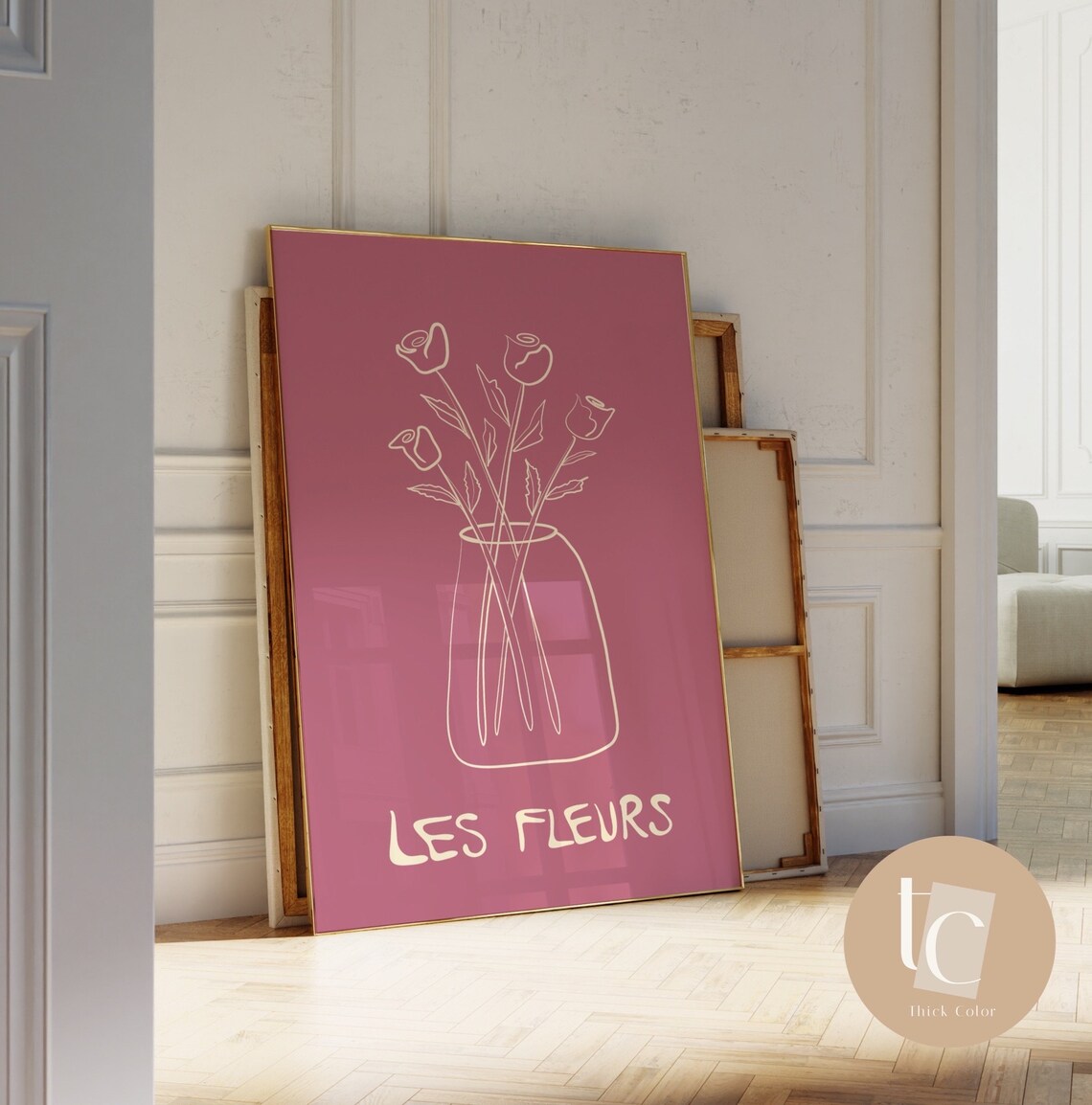 Les Fleurs Rose Line Art Botanical Illustration on Dusty Mauve Poster