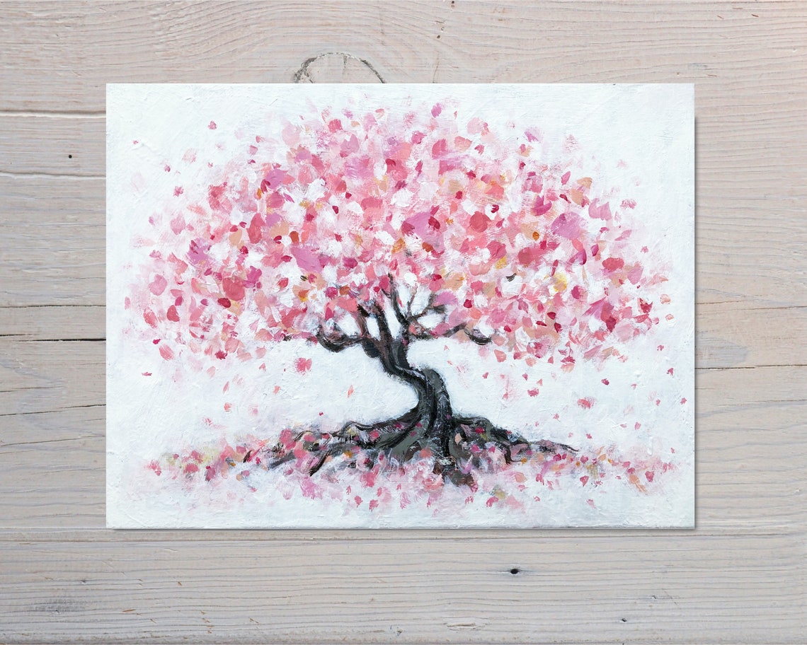 Pink Cherry Blossom Tree Painting Print with Falling Petal Canopy