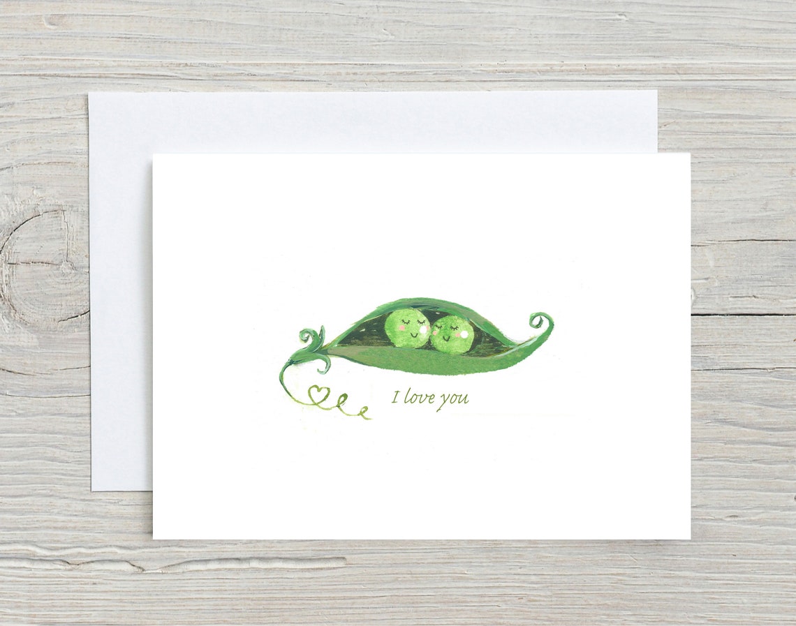 Peas in a Pod I Love You Card Print with Cute Smiling Green Peas
