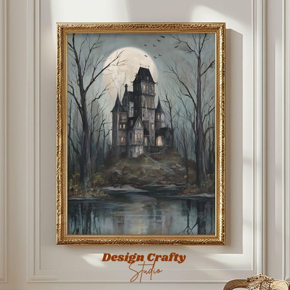 Haunted House Wall Art Gothic Victorian Mansion In Dark Forest Moody Halloween