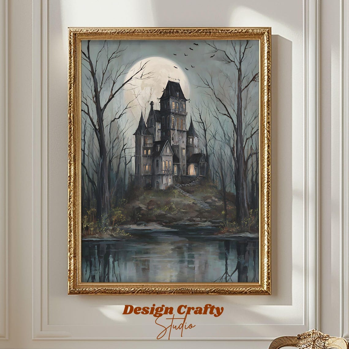 Haunted Victorian Mansion Under Full Moon Spooky Forest Poster