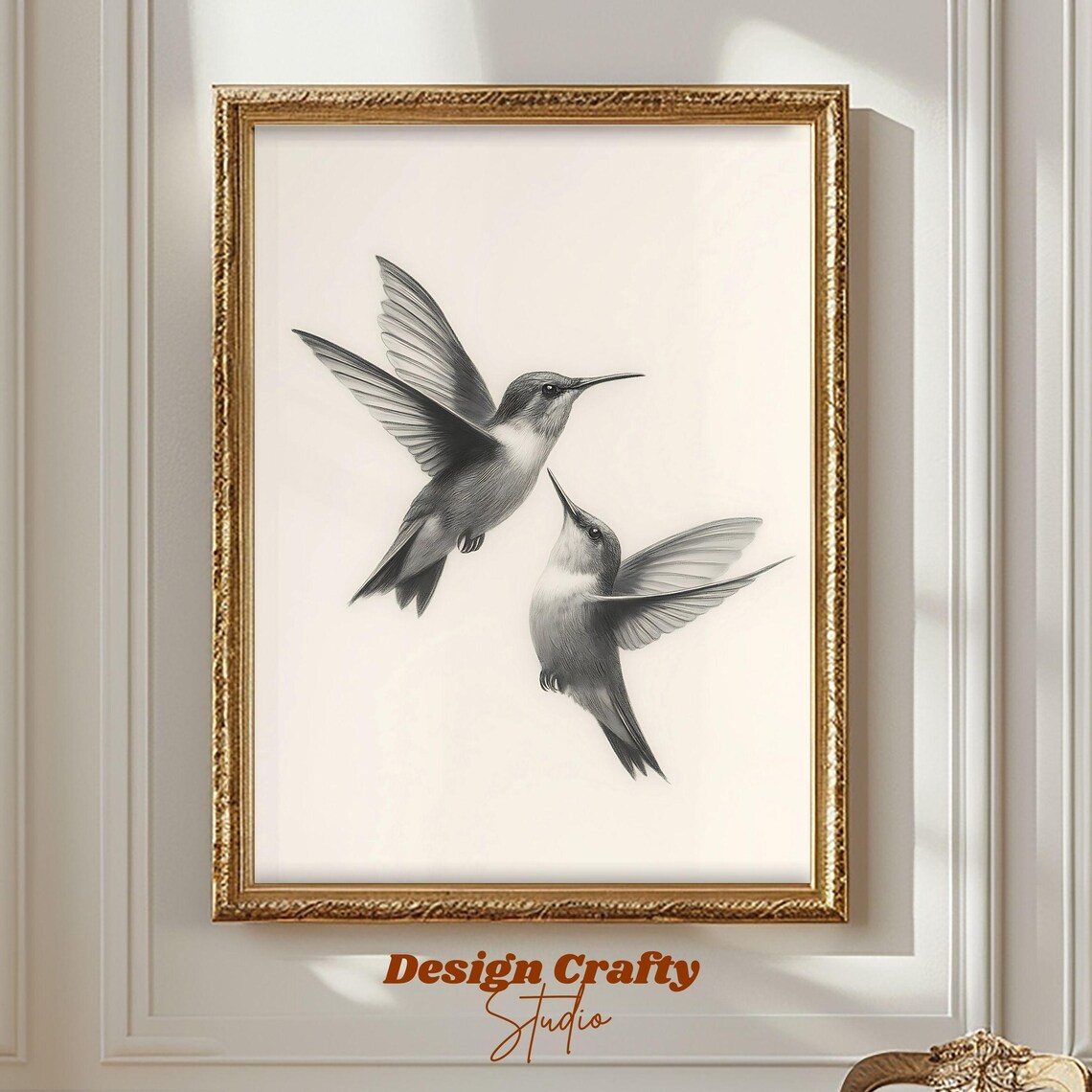 Timeless Hummingbirds Sketch Black White Minimalist Bird Art Vintage Two Birds Illustration Wall Print