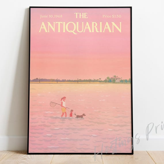 New Yorker Style Vintage Magazine Cover The Antiquarian Collectible Print Pastel Pink Fishing