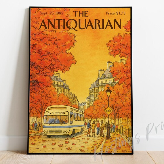 New Yorker Style Vintage Magazine Cover The Antiquarian Collectible Print Autumn Bus Stop