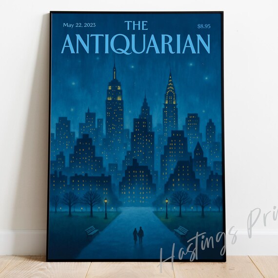 New Yorker Style Vintage Magazine Cover The Antiquarian Collectible Print Midnight Blue Skyline