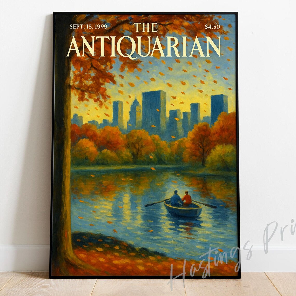 The Antiquarian Rowing Boat Autumn Lake City Skyline Magazine Cover Poster